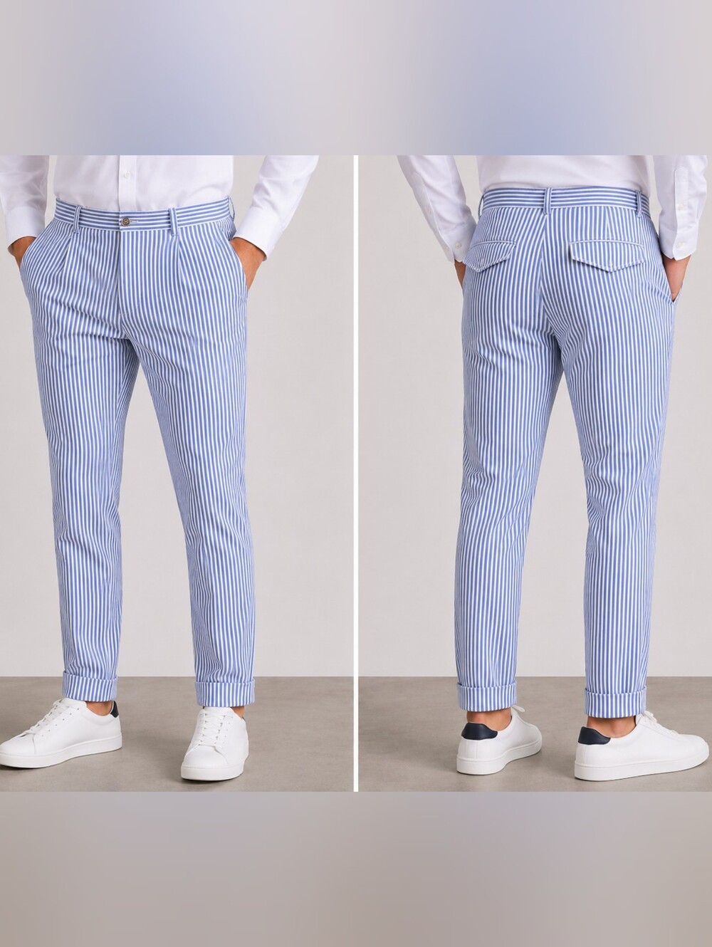 Murano Lucas Fit Mens Pants Blue White Striped Pleated Flap Pocket